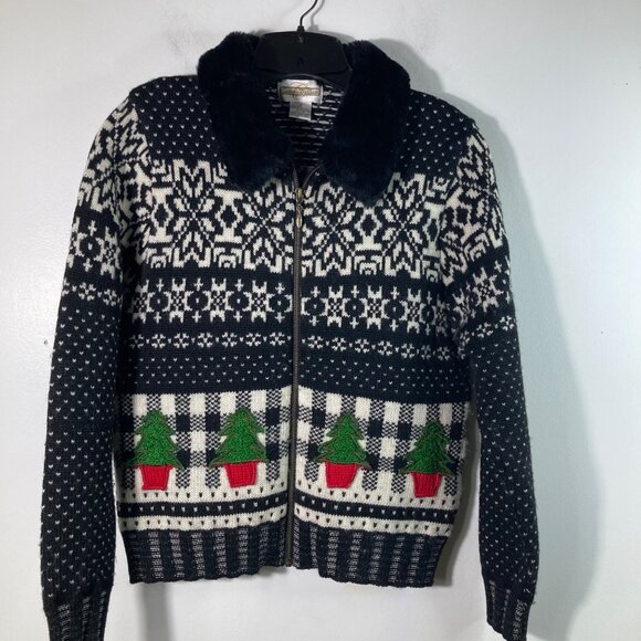 Womens Vintage Cambridge Dry Goods Wool Fair Isle Christmas Sweater Full Zip Bla - Picture 1 of 9